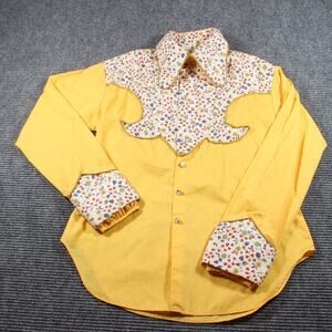 Vtg 70s Duffy Western Shirt L Yellow Calico Floral Yoke Pearl Snap